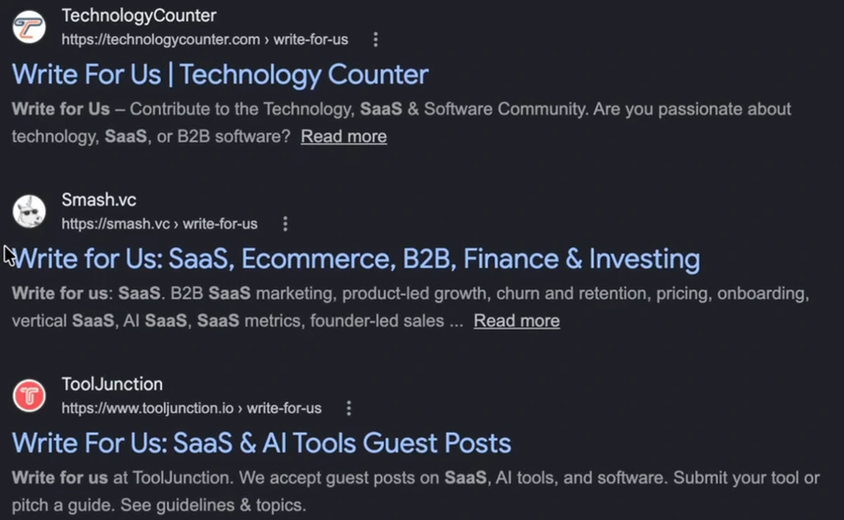 Google results for 'saas' 'write for us': TechnologyCounter, Write For Us, Technology Counter; Smash.vc, Write for Us: SaaS, Ecommerce, B2B, Finance and Investing; ToolJunction, Write For Us: SaaS and AI Tools Guest Posts; Instatus, Write for Us, Instatus Blog; Cipher Hawks, Top 10 Write For Us SaaS Guest Post Sites.