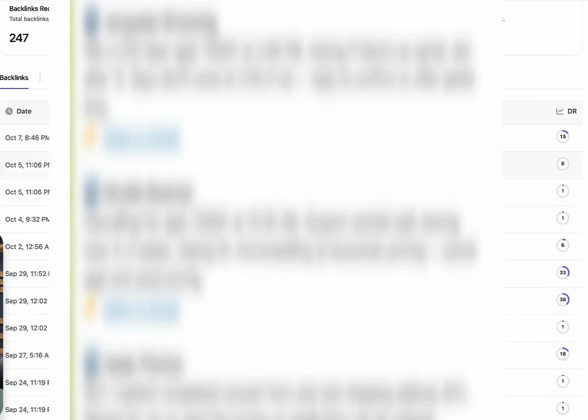 Arvow backlinks list for a second account with Backlinks Received 247, rows dated Oct 7 to Sep 24, domains and anchors blurred in the video, DR column reading 15, 0, 1, 1, 6, 33, 38, 1, 16, 1, 1