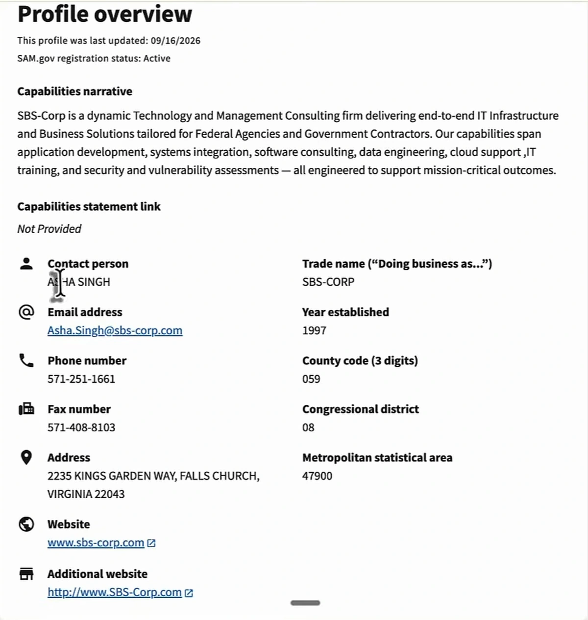 SBA Small Business Search profile for S B International, Inc.: profile last updated 09/16/2026, SAM.gov registration status Active, capabilities narrative, contact person, email, phone, fax, address in Falls Church, Virginia, and a Website field reading www.sbs-corp.com with an external-link icon, plus an Additional website field