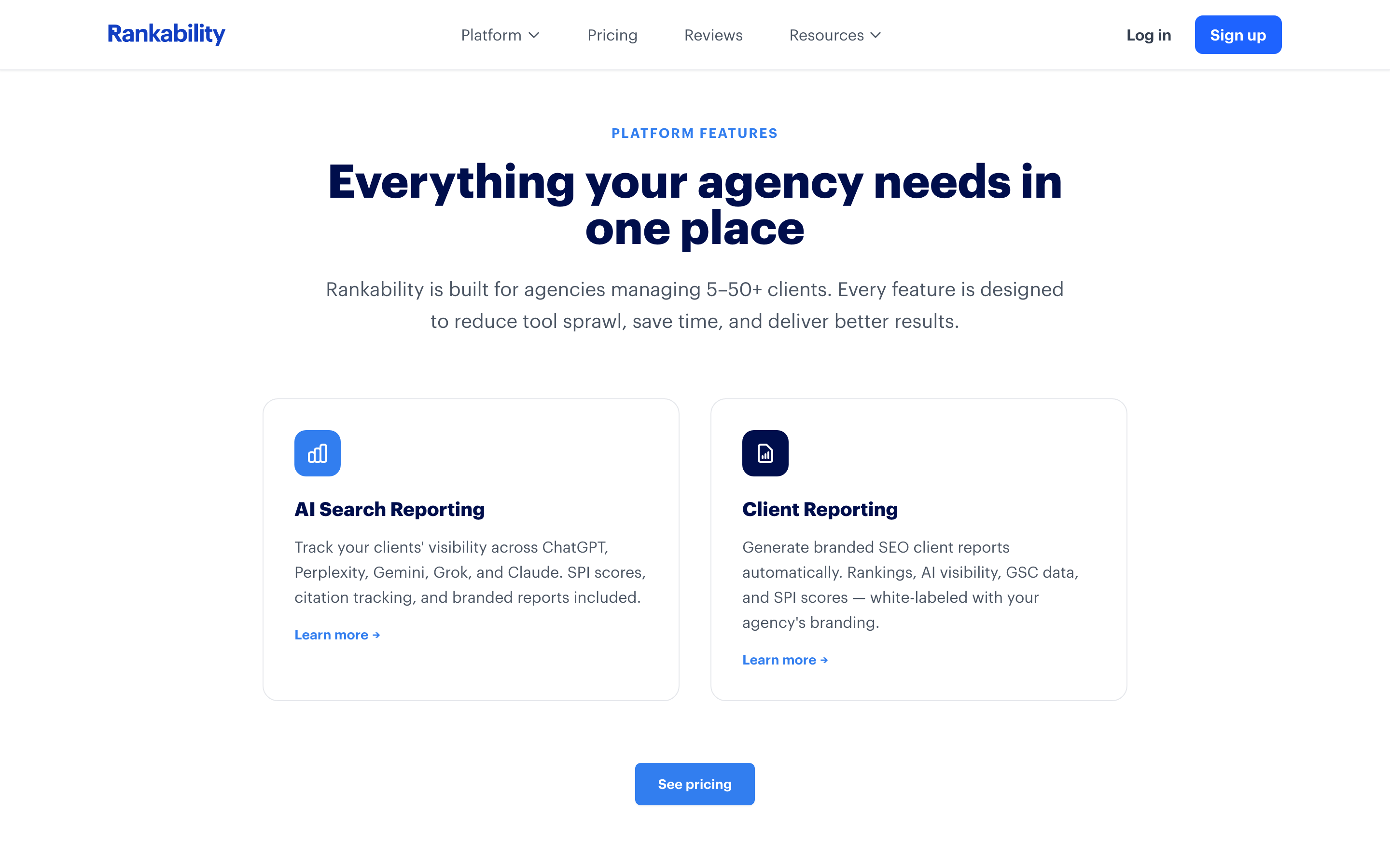 Rankability platform features overview showing the bundled Advisor, Researcher, Copywriter, Optimizer, and Reporter tools for agencies