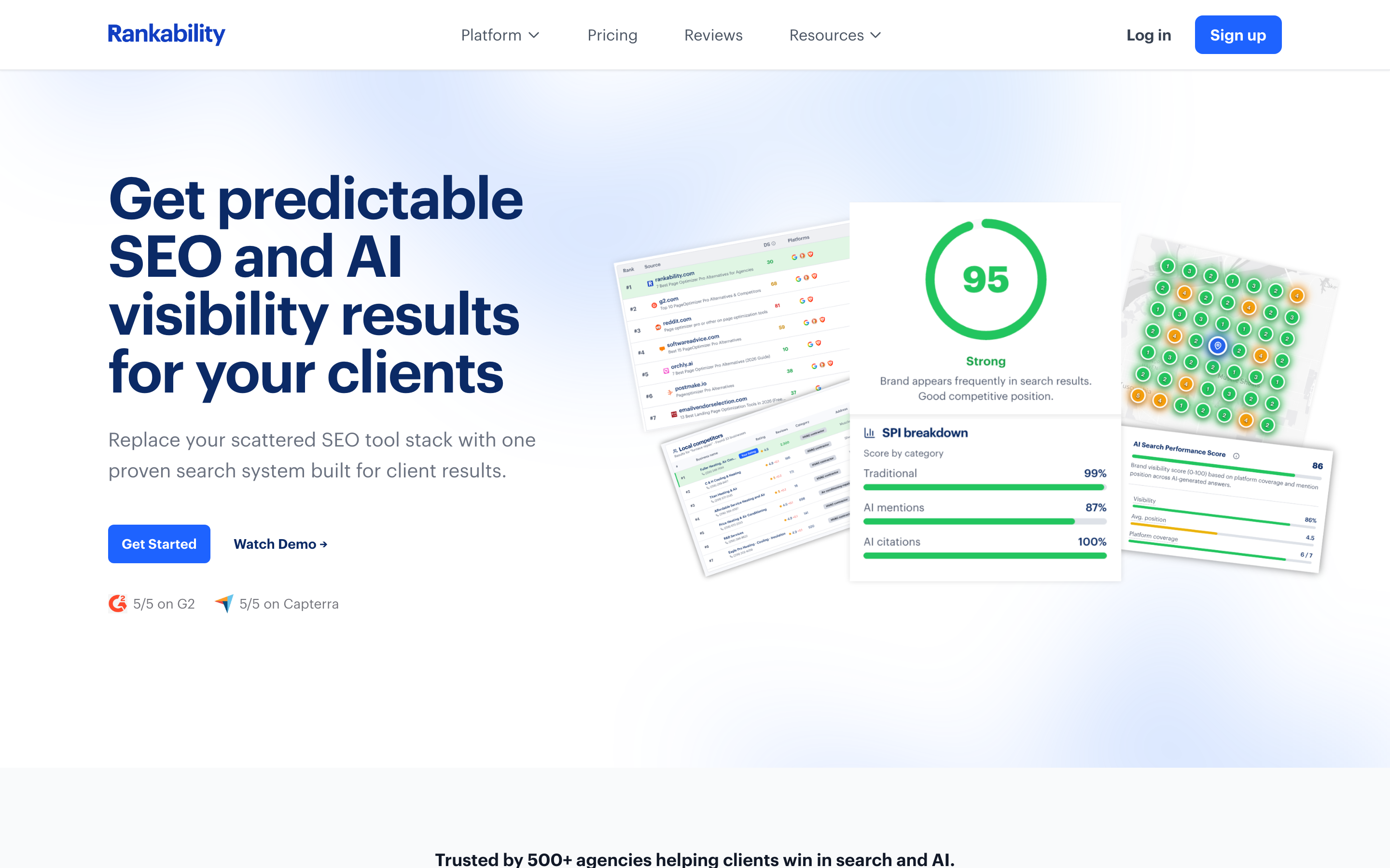 Rankability homepage showing the agency-focused AI SEO platform value proposition and bundled tools