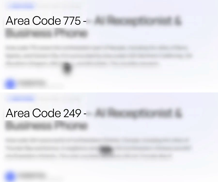 Two of the site's templated pages stacked: 'Area Code 775 – AI Receptionist & Business Phone' and 'Area Code 249 – AI Receptionist & Business Phone', each with an intro paragraph and the site's blog header; body text is blurred in the source video.