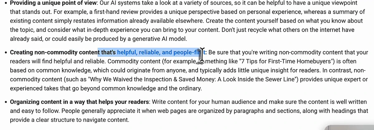 Excerpt from Google's guide 'Optimizing your website for generative AI features on Google Search': bullets on providing a unique point of view, creating non-commodity content that's helpful, reliable and people-first (with the '7 Tips for First-Time Homebuyers' versus 'Why We Waived the Inspection & Saved Money' example), and organizing content in a way that helps readers.
