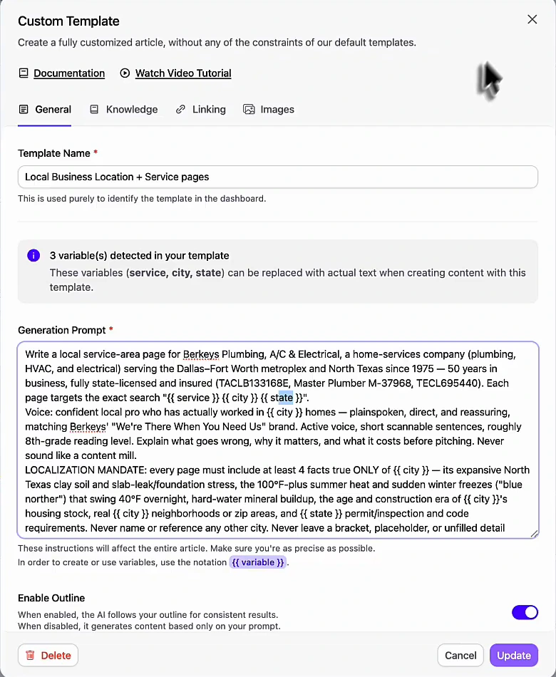 Arvow Custom Template editor: template name 'Local Business Location + Service pages'; notice '3 variable(s) detected in your template (service, city, state)'; a generation prompt for Berkeys Plumbing, A/C & Electrical instructing the model to target the exact search '{{ service }} {{ city }} {{ state }}', write in a confident local-pro voice, and under a 'localization mandate' include at least four facts true only of the city; Enable Outline toggle on.