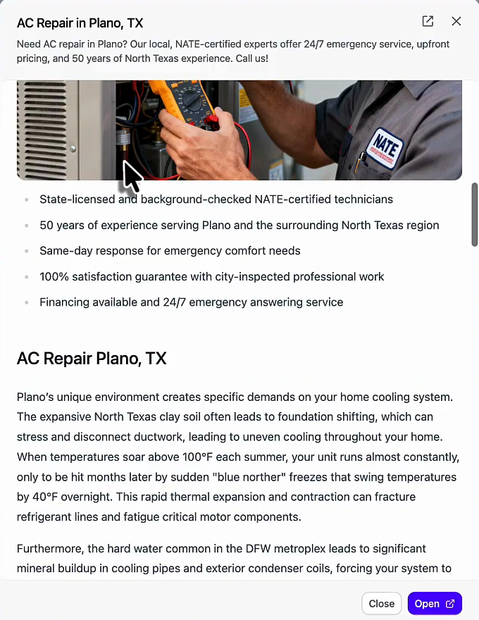 Generated article preview 'AC Repair in Plano, TX': intro about NATE-certified technicians, 24/7 emergency service and 50 years of North Texas experience; a photo of a technician testing an AC unit; bullets on state licensing, same-day response, satisfaction guarantee and financing; then a section 'AC Repair Plano, TX' explaining Plano's expansive clay soil shifting foundations and ductwork, 100°F summers, 'blue norther' freezes swinging 40°F overnight, and hard water in the DFW metroplex causing mineral buildup in condenser coils.
