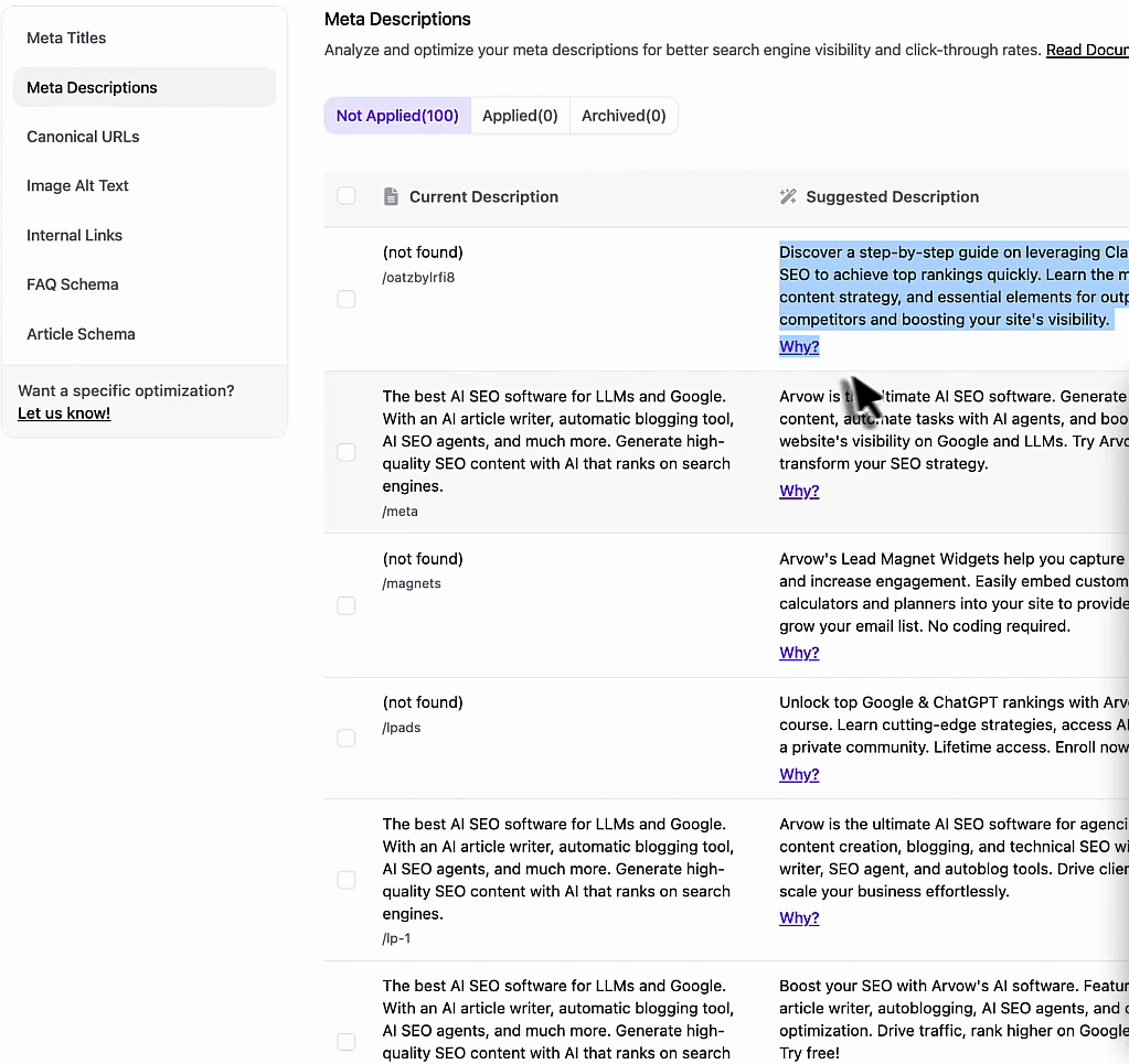 Arvow Site Optimizer, Meta Descriptions tab: Not Applied (100). Rows show current descriptions, several marked (not found), beside suggested descriptions and an Apply link; the first suggested description for a Claude Code SEO page is highlighted.