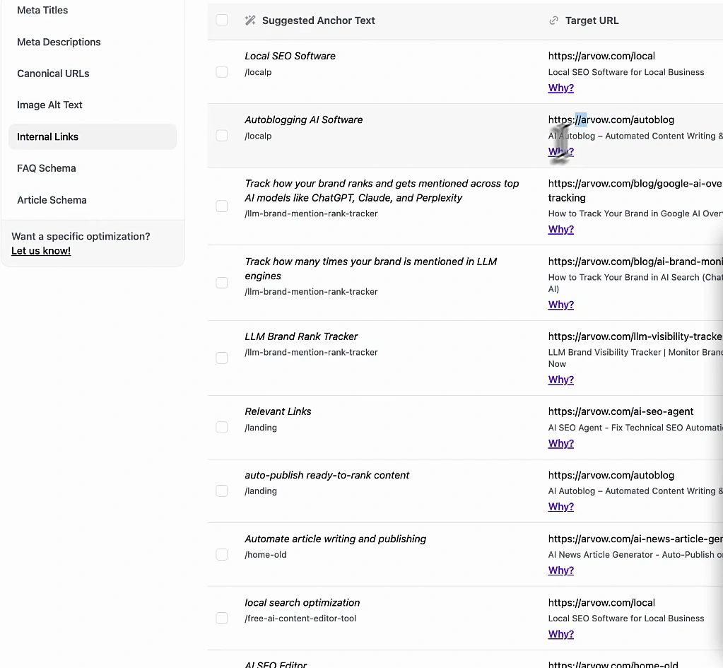 Arvow Site Optimizer, Internal Links tab: suggested anchor text with the source page beside the target URL, for example Local SEO Software from /localp to arvow.com/local, Autoblogging AI Software to arvow.com/autoblog, LLM Brand Rank Tracker to arvow.com/llm-visibility-tracker, each with Why? and Apply.