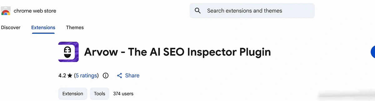 Chrome Web Store listing for Arvow - The AI SEO Inspector Plugin: 4.2 stars from 5 ratings, Extension, Tools, 374 users, Add to Chrome button.