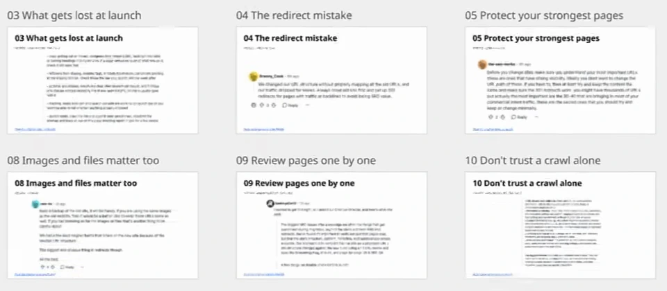Miro board titled Website Redesign SEO: Lessons from Reddit, showing cards 03 What gets lost at launch, 04 The redirect mistake, 05 Protect your strongest pages, 08 Images and files matter too, 09 Review pages one by one and 10 Don't trust a crawl alone.