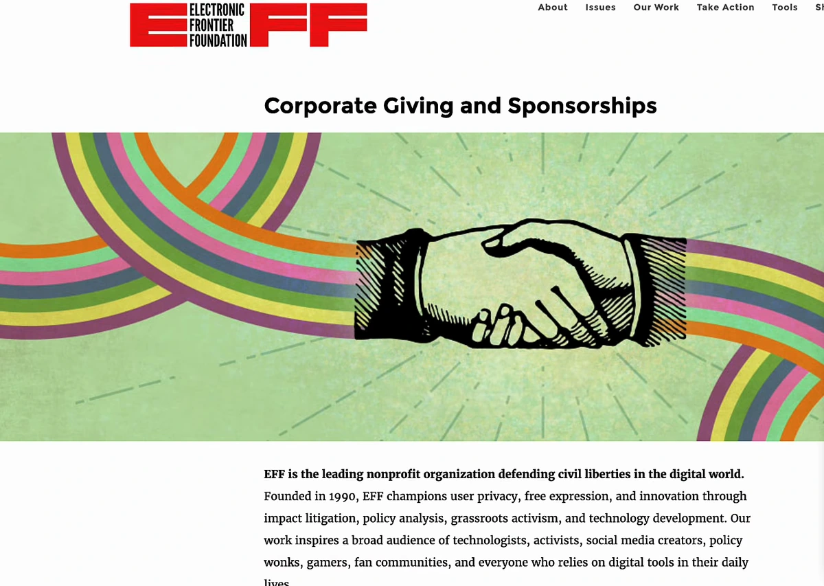 EFF's Corporate Giving and Sponsorships page: a handshake illustration and the paragraph describing EFF as the leading nonprofit defending civil liberties in the digital world