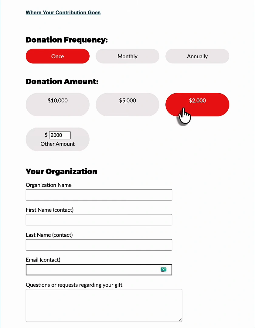 EFF corporate donation form: frequency Once selected, donation amounts $10,000, $5,000 and $2,000 with $2,000 highlighted, an Other Amount field, and Your Organization fields for organisation name, contact first and last name and email