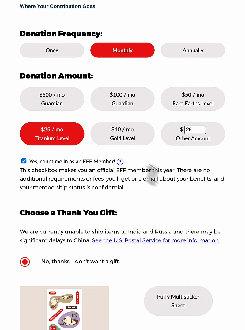 EFF monthly giving tiers on the corporate form: $500/mo Guardian, $100/mo Guardian, $50/mo Rare Earths Level, $25/mo Titanium Level, $10/mo Gold Level, other amount, with an EFF Member checkbox and a thank-you gift option