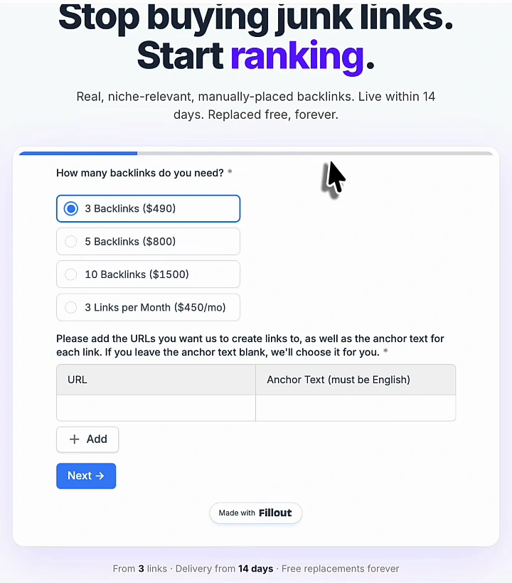 Arvow buy-backlinks order form, July 2026: 3 backlinks $490, 5 backlinks $800, 10 backlinks $1,500, 3 links per month $450/mo, with URL and anchor text fields