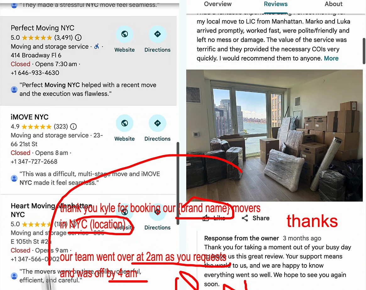 Google Maps listing for a top-rated NYC mover, 5.0 stars from 3,491 reviews. A customer review about a move to LIC from Manhattan sits above the owner's reply: thank you for taking a moment out of your busy day to leave us this great review, your support means the world to us. Handwritten in red over it: thank you Kyle for booking our (brand name) movers in NYC (location), our team went over at 2am as you requested and was off by 4am, next to the word thanks