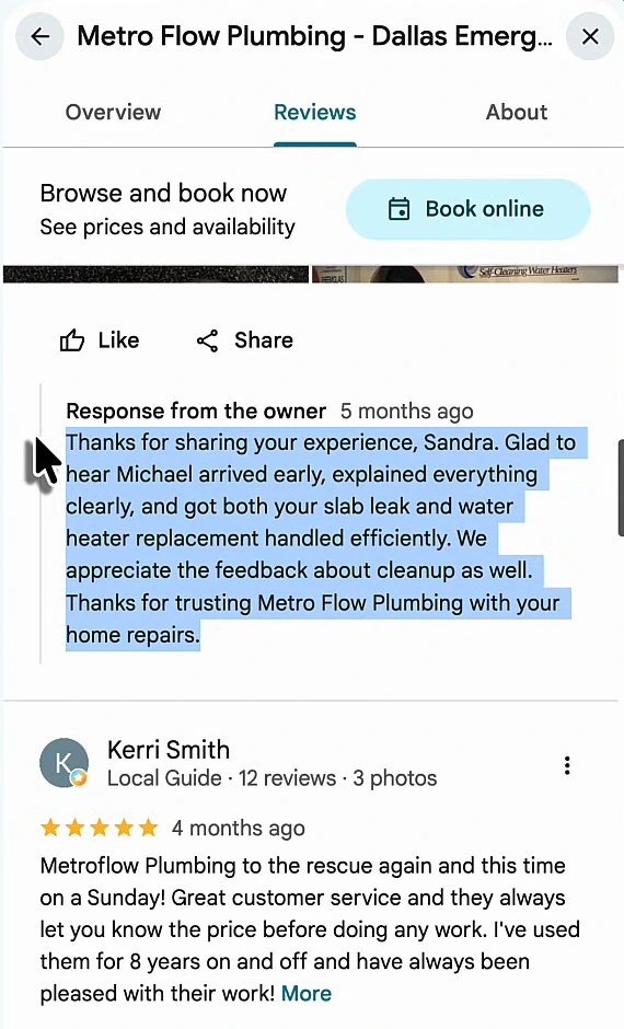 Owner reply on Metro Flow Plumbing's Google listing, 5 months ago: Thanks for sharing your experience, Sandra. Glad to hear Michael arrived early, explained everything clearly, and got both your slab leak and water heater replacement handled efficiently. We appreciate the feedback about cleanup as well. Thanks for trusting Metro Flow Plumbing with your home repairs