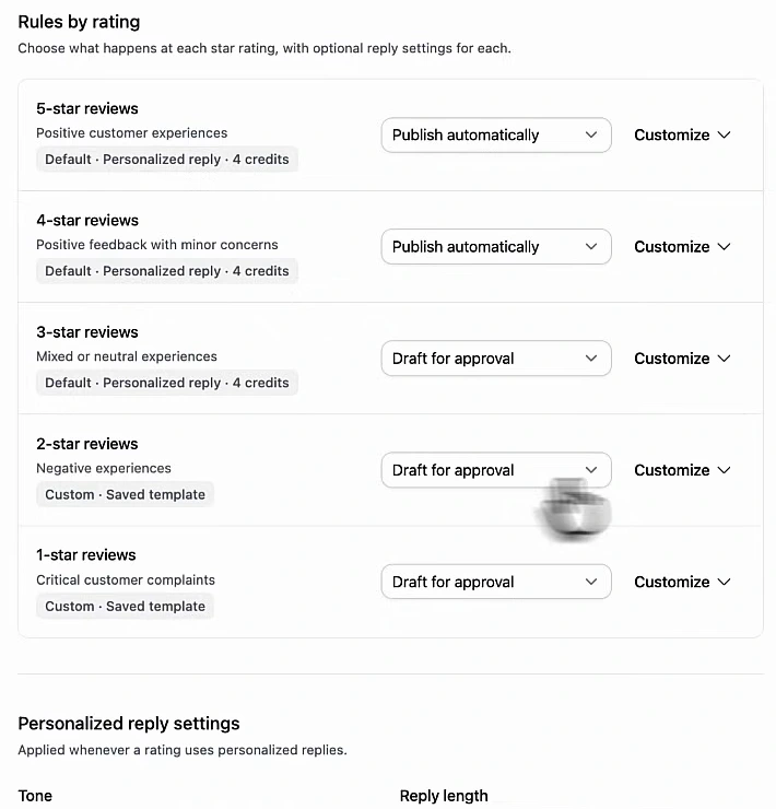 Arvow review automation, rules by rating: 5-star and 4-star reviews set to publish automatically with a personalized reply at 4 credits; 3-star reviews set to draft for approval; 2-star and 1-star reviews set to draft for approval using a saved custom template; personalized reply settings below
