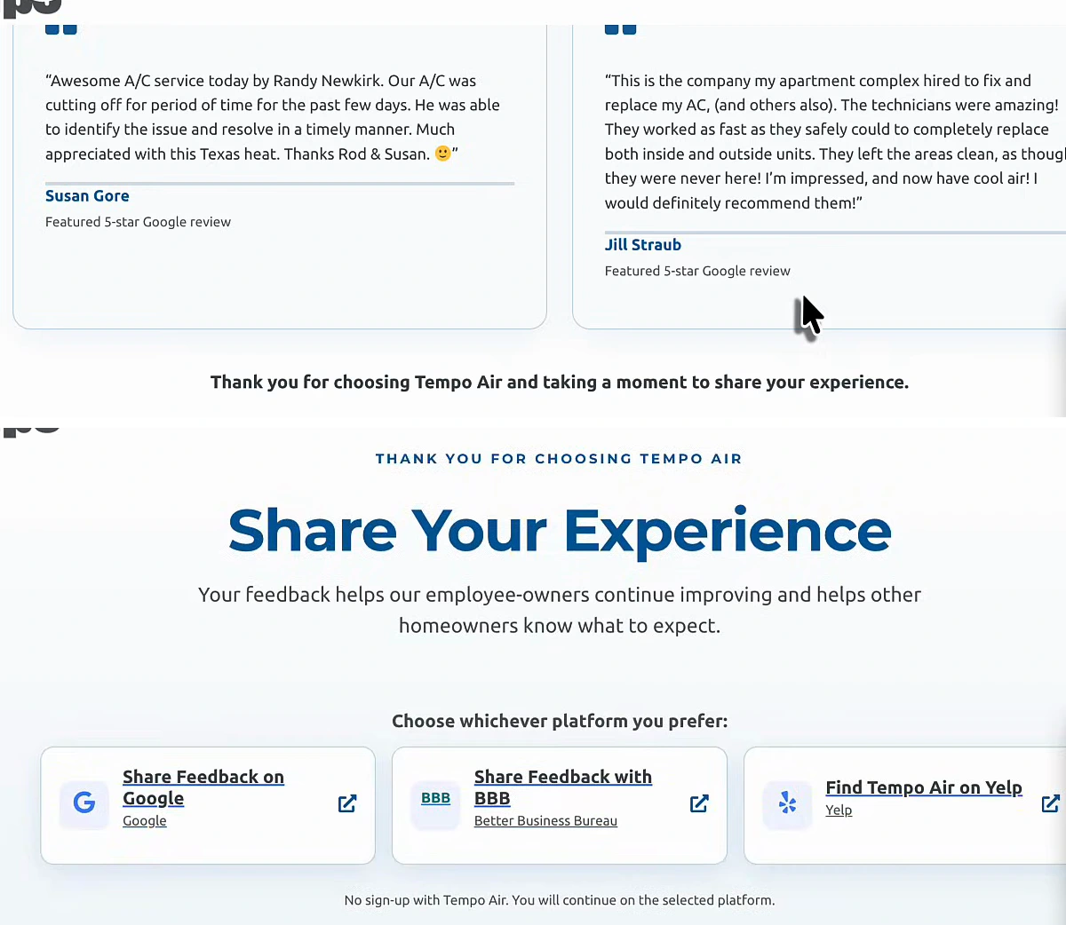 Two sections of tempoair.com/reviews stacked. Top: two featured five-star Google reviews, one from Susan Gore about A/C service by Randy Newkirk, one from Jill Straub about replacing an apartment complex's AC units, then thank you for choosing Tempo Air. Bottom: Share Your Experience, choose whichever platform you prefer, with three buttons, Share Feedback on Google, Share Feedback with BBB, Find Tempo Air on Yelp