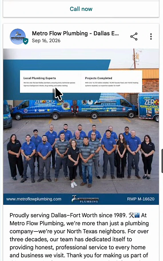 Metro Flow Plumbing Google Business Profile post dated Sep 16, 2026: a team photo in front of branded vans with the text Proudly serving Dallas–Fort Worth since 1989. At Metro Flow Plumbing, we're more than just a plumbing company, we're your North Texas neighbors. For over three decades, our team has dedicated itself to providing honest, professional service to every home and business we visit