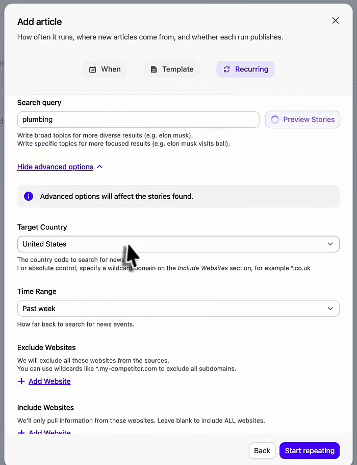 Arvow AutoBlog, Add article, recurring: search query plumbing with a Preview Stories button; advanced options: target country United States, time range past week, exclude websites, include websites; Start repeating button