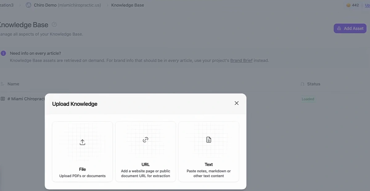 Arvow Knowledge Base page for a demo chiropractic project with an Upload Knowledge dialog offering three options: File, upload PDFs or documents; URL, add a website page or public document URL for extraction; Text, paste notes, markdown or other text content. A note above says knowledge base assets are retrieved on demand, and brand info that should be in every article belongs in the project's Brand Brief instead