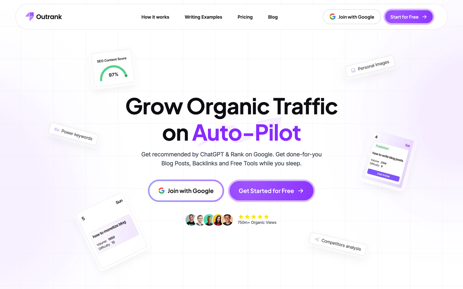 Outrank.so homepage showing the autopilot content generation value proposition and per-site pricing model