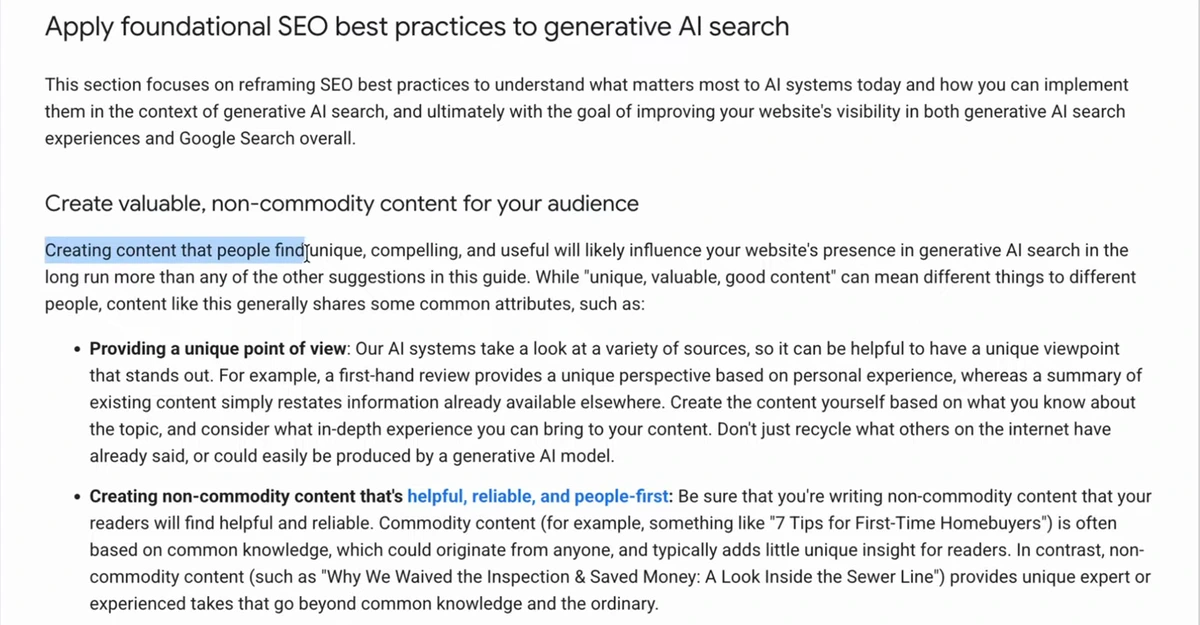 Google Search Central guide section Apply foundational SEO best practices to generative AI search, with the heading Create valuable, non-commodity content for your audience and bullets on providing a unique point of view and creating non-commodity content that is helpful, reliable and people-first, including the examples 7 Tips for First-Time Homebuyers and Why We Waived the Inspection and Saved Money