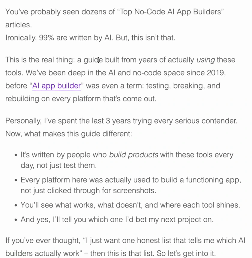 Introduction of the shipper.now article: you have probably seen dozens of Top No-Code AI App Builders articles, ironically 99 percent are written by AI, this is a guide built from years of actually using these tools, in the AI and no-code space since 2019, every platform here was actually used to build a functioning app, and I will tell you which one I would bet my next project on