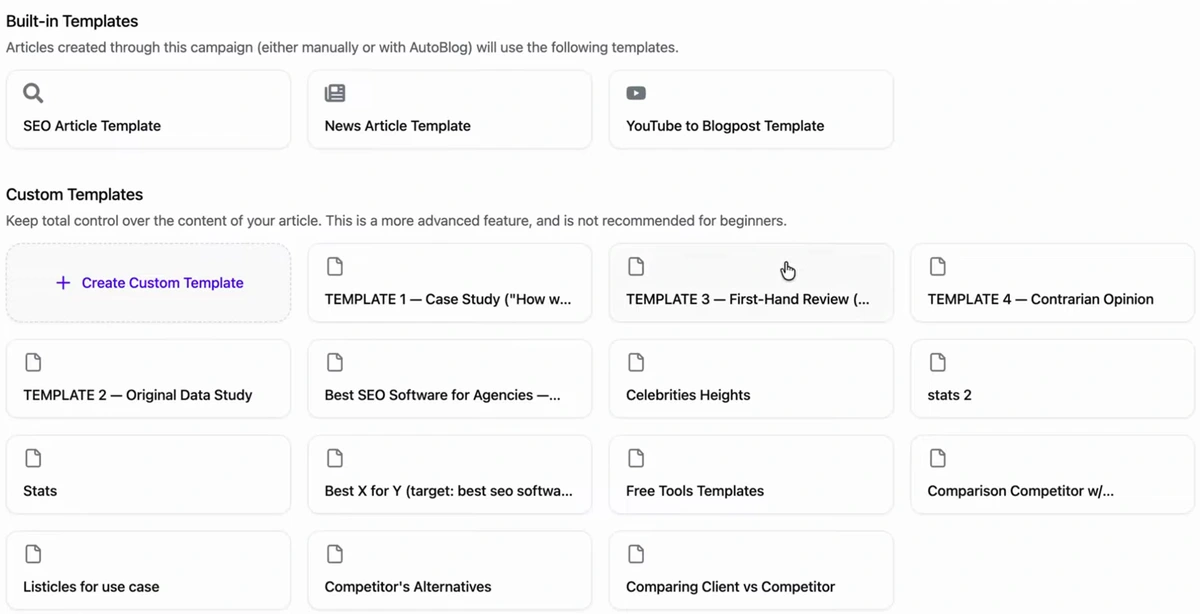 Arvow template settings: built-in templates SEO Article, News Article and YouTube to Blogpost; custom templates including Template 1 Case Study, Template 2 Original Data Study, Template 3 First-Hand Review, Template 4 Contrarian Opinion, Best X for Y, Free Tools Templates, Comparison Competitor, Listicles for use case, Competitor's Alternatives and Comparing Client vs Competitor