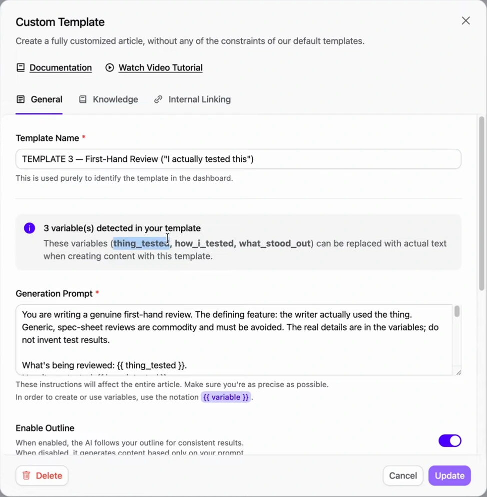 Arvow Custom Template editor for TEMPLATE 3 First-Hand Review, I actually tested this, showing 3 variables detected: thing_tested, how_i_tested, what_stood_out, and a generation prompt that begins: You are writing a genuine first-hand review. The defining feature: the writer actually used the thing. Generic, spec-sheet reviews are commodity and must be avoided. The real details are in the variables; do not invent test results