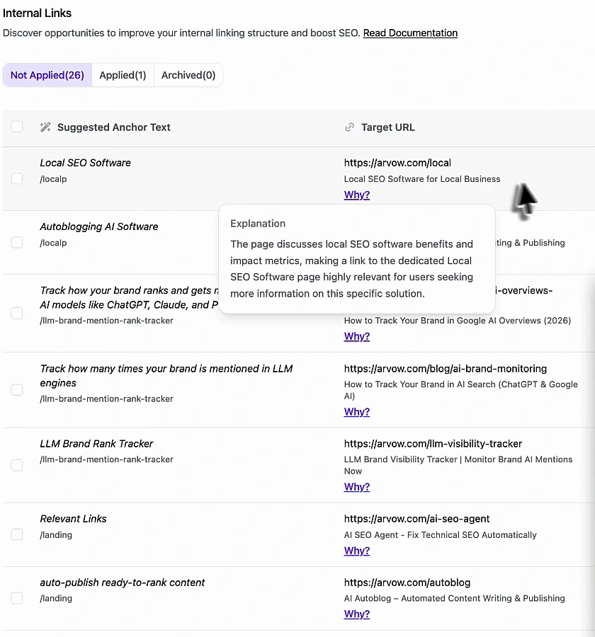 Site Optimizer Internal Links tab: 26 not applied, 1 applied, 0 archived. Suggestions with anchor text and target URL: Local SEO Software on /localp to arvow.com/local, with an explanation tooltip saying the page discusses local SEO software benefits so a link to the dedicated Local SEO Software page is highly relevant; Autoblogging AI Software on /localp; Track how many times your brand is mentioned in LLM engines on /llm-brand-mention-rank-tracker to the AI brand monitoring article; LLM Brand Rank Tracker to arvow.com/llm-visibility-tracker; Relevant Links on /landing to arvow.com/ai-seo-agent; auto-publish ready-to-rank content on /landing to arvow.com/autoblog