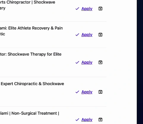 Arvow Site Optimizer meta titles panel: current titles such as Understanding Front Shoulder Pain beside suggested titles such as Miami Sports Chiropractor, Shockwave Therapy for Shoulder, Knee and Ankle Injuries, with Apply buttons