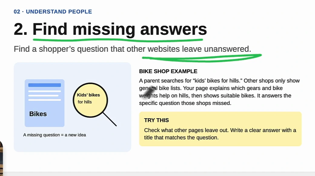 Whiteboard card titled 2. Find missing answers: a magnifying glass over the query kids bikes for hills, with the bike shop example and a try-this box about checking what other pages leave out