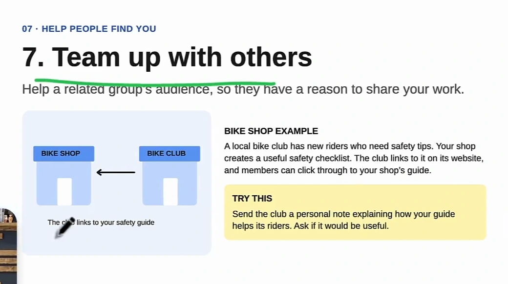 Whiteboard card titled 7. Team up with others: a bike club page linking to a bike shop safety guide, with a try-this box about sending the club a personal note