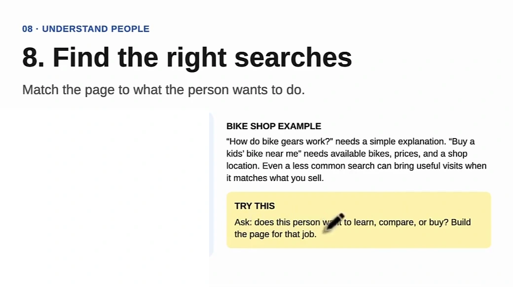 Whiteboard card titled 8. Find the right searches, match the page to what the person wants to do, with the bike shop example contrasting how do bike gears work with buy a kids bike near me, and a try-this box asking whether the person wants to learn, compare or buy