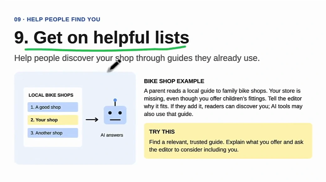 Whiteboard card titled 9. Get on helpful lists: a local bike shops list with your shop in second place feeding an AI answers icon, with a try-this box about finding a relevant trusted guide and explaining what you offer to the editor