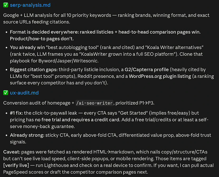 Claude Code's summary of serp-analysis.md and ux-audit.md: format is decided everywhere, ranked listicles and comparison pages win; Arvow already wins best autoblogging tool and Koala Writer alternatives; biggest citation gaps are third-party listicles, a G2 or Capterra profile, Reddit and a WordPress.org plugin listing; the number one UX fix is the click-to-paywall leak where every CTA says Get Started but pricing has no free trial and requires a credit card