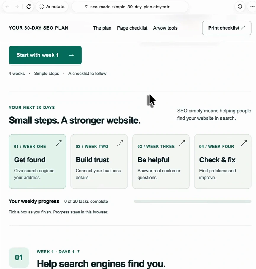A ChatGPT Site titled Your 30-Day SEO Plan with nav items The plan, Page checklist, Arvow tools, a Start with week 1 button, four week cards Get found, Build trust, Be helpful, Check and fix, and a 0 of 20 tasks progress bar