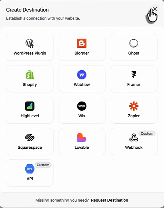 Arvow Create Destination modal listing WordPress Plugin, Blogger, Ghost, Shopify, Webflow, Framer, HighLevel, Wix, Zapier, Squarespace, Lovable, Webhook and API