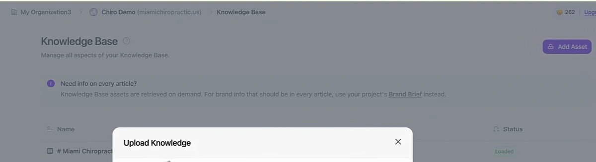 Arvow Knowledge Base screen with the note that assets are retrieved on demand and brand info that should be in every article belongs in the Brand Brief, and one loaded asset named Miami Chiropractic Example Knowledge Catalog
