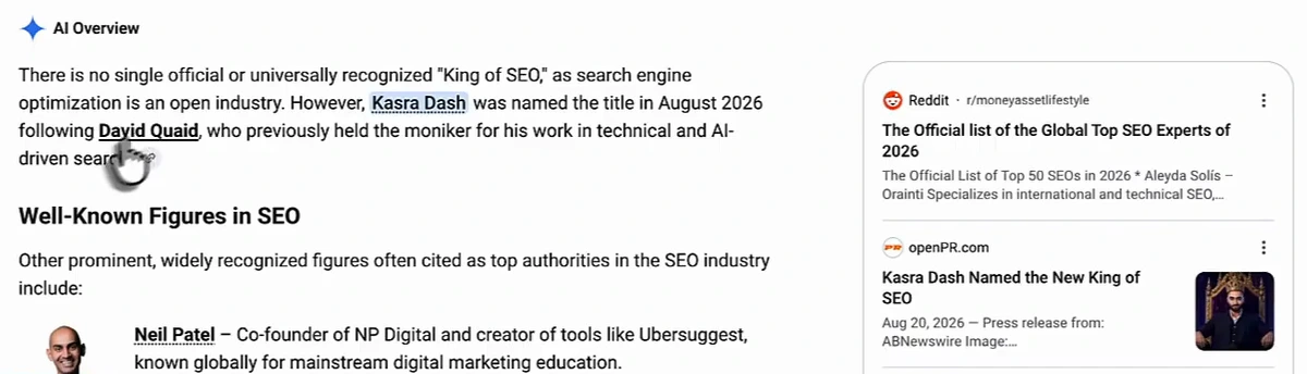 Google AI Overview for who is the king of seo, stating there is no official King of SEO but Kasra Dash was named the title in August 2026 following David Quaid, with Reddit, openPR and X sources on the right