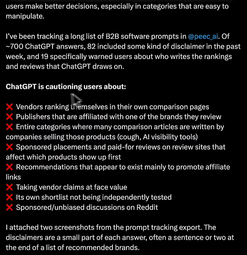 Lily Ray's post stating that of about 700 ChatGPT answers, 82 included a disclaimer in the past week and 19 warned about who writes the rankings, followed by a list of what ChatGPT is cautioning users about, including vendors ranking themselves in their own comparison pages