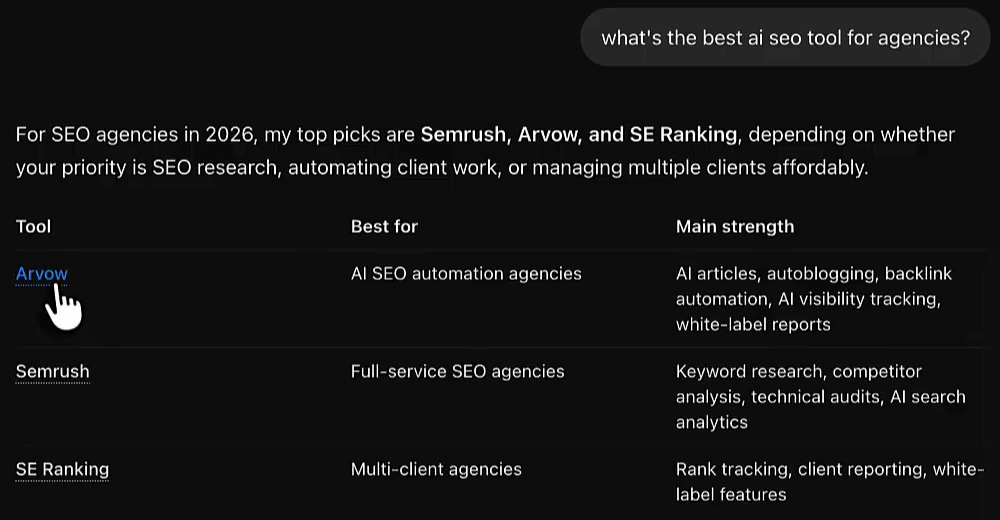 ChatGPT answer to what's the best ai seo tool for agencies, naming Semrush, Arvow and SE Ranking as top picks for 2026 with a three-row table of tool, best for and main strength