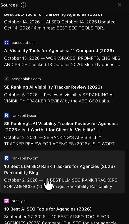 ChatGPT sources panel listing xseek.io, cuescout.com, aeogeolabs.com, two rankability.com pages and orchly.ai, each a 2026 best-tools or review article dated September or October 2026