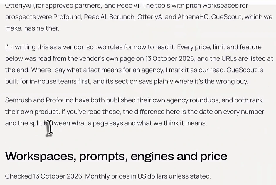 CueScout article paragraph beginning I'm writing this as a vendor, so two rules for how to read it, explaining that every price was read from the vendor's own page on 13 October 2026, above a table headed Workspaces, prompts, engines and price