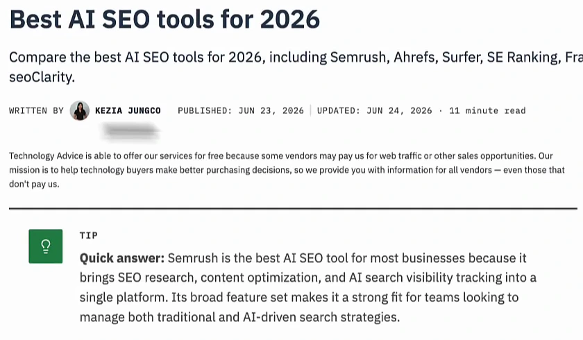 TechnologyAdvice article Best AI SEO tools for 2026 by Kezia Jungco, published June 23, 2026, with a disclosure that some vendors may pay the site for web traffic and a quick answer naming Semrush