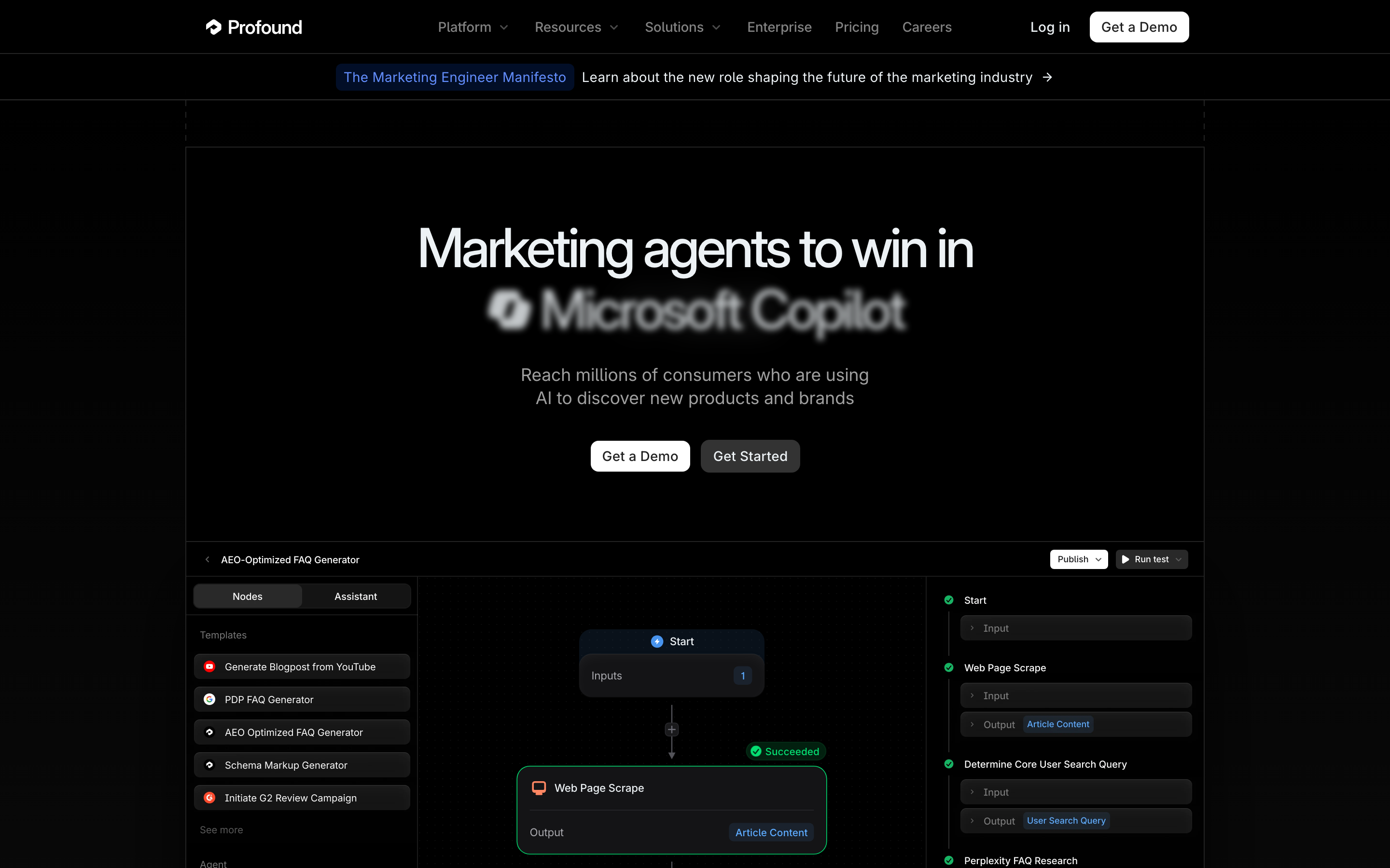 Profound AI homepage showing the AI brand visibility tracking value proposition for marketing teams