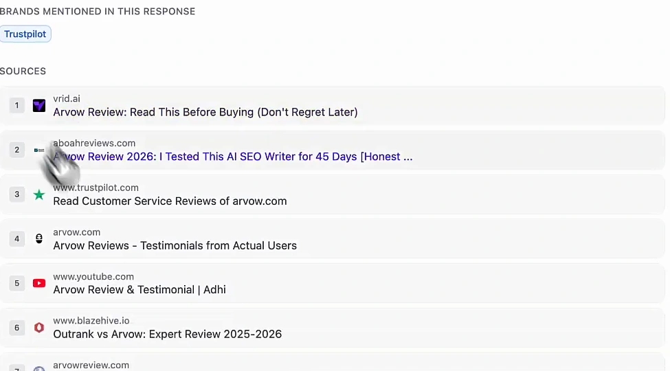 ChatGPT response panel for the Arvow or Surfer SEO prompt listing Trustpilot under brands mentioned and seven sources: vrid.ai Arvow review, aboahreviews.com Arvow review 2026, Trustpilot customer reviews of arvow.com, arvow.com testimonials, a YouTube Arvow review, blazehive.io Outrank vs Arvow, and arvowreview.com