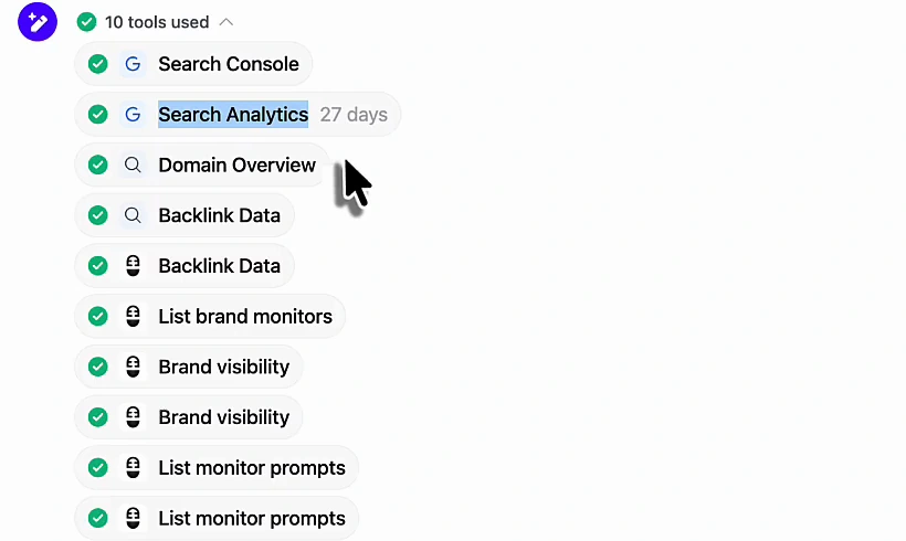 Arvow chat showing 10 tools used for the prompt: Search Console, Search Analytics 27 days, Domain Overview, Backlink Data twice, List brand monitors, Brand visibility twice and List monitor prompts twice
