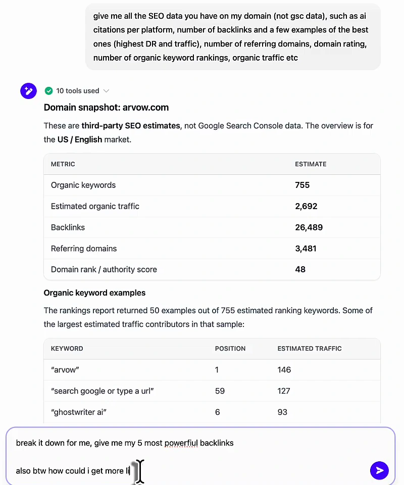 Arvow chat domain snapshot stating these are third-party SEO estimates for the US English market, with organic keywords 755, estimated organic traffic 2,692, backlinks 26,489, referring domains 3,481, domain rank 48, keyword examples, and a follow-up being typed: break it down for me, give me my 5 most powerful backlinks, also how could I get more links
