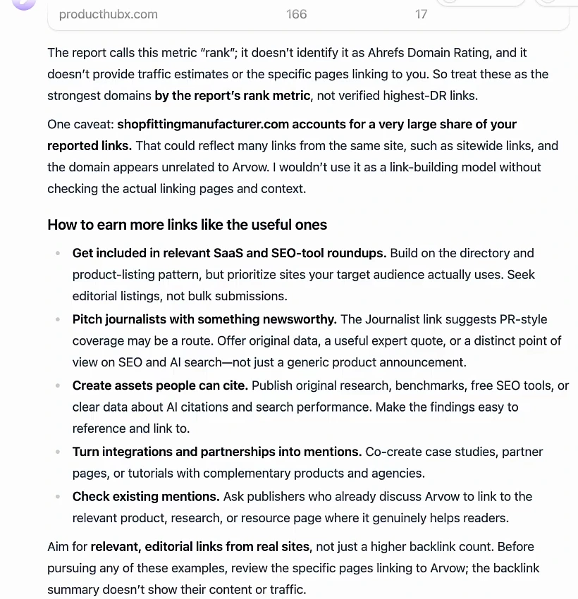 Arvow chat explaining that the report calls its metric rank rather than Ahrefs Domain Rating, a caveat that one domain accounts for a very large share of reported links, and five ways to earn more links: SaaS and SEO-tool roundups, pitching journalists, creating citable assets, integrations and partnerships, and checking existing mentions